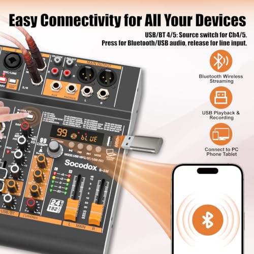 5 Channel Audio Mixer with Bluetooth & 99 DSP Effects for Streaming | 48V Phantom, 3-Band EQ, USB Rec, Stereo Inputs, Low Noise, Gain Control,Headphone Jack for Podcast, Church, Karaoke, Live