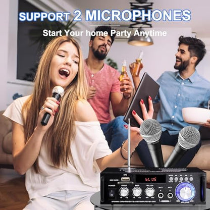 Bluetooth Stereo Receiver Home Audio Amplifier HiFi 600W Home Theater System Speaker Amplifier, 2 Channels, LCD Display, Portable FM Radio, SD Card/USB Input, 12V-220V for Home or Car Use