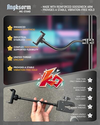 KBC1417 Phone Holder for Mic Stand, 9-Inch Gooseneck, Super Clamp | Mic Stand Phone Mount, Music Stand Phone Holder, Super Clamp Mount, 9-Inch Gooseneck, 0.47-1.8 Inch Pole Clamp - size: 9" with Clamp