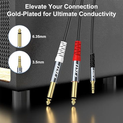 J&D 1/8 to 1/4 Stereo Cable, 3.5mm TRS to Dual 6.35mm TS Mono Y-Splitter Adapter Nylon Braid Jack Breakout Cord for Smartphone, CD Player, Speakers and Home Systems Amplifier, 6.6 Feet, Grey - size: 6.6 ft