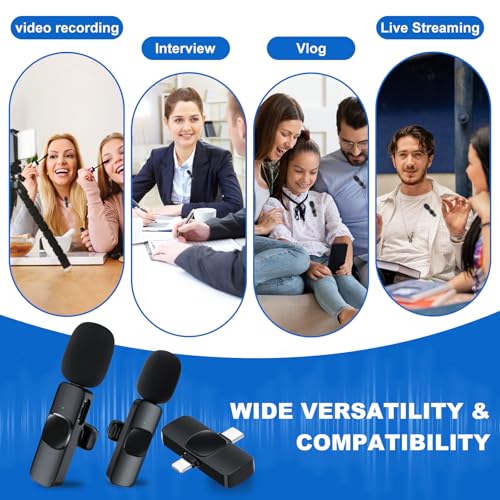 2 Pack Wireless Lavalier Microphone for iPhone/Android Phone, USB C Wireless Lav Mic, 4 Pickup Modes, Noise Cancellation, Mini Lapel Mic for Video Recording Podcast YouTube TikTok