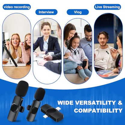 2 Pack Wireless Lavalier Microphone for iPhone/Android Phone, USB C Wireless Lav Mic, 4 Pickup Modes, Noise Cancellation, Mini Lapel Mic for Video Recording Podcast YouTube TikTok