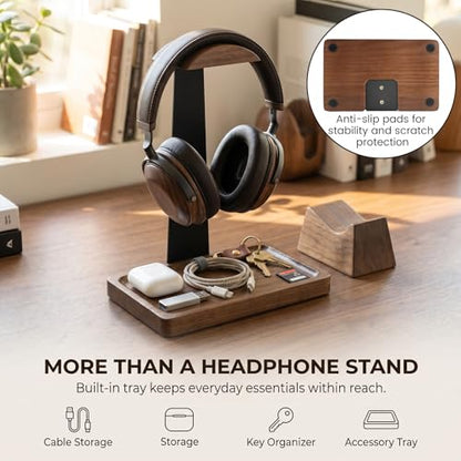 Headphone Stand with Gaming Controller Holder, Solid Walnut Wood Headset Holder Non-Slip Storage Tray Base Gaming Desk Accessories for Room Decor Gift For Gamers