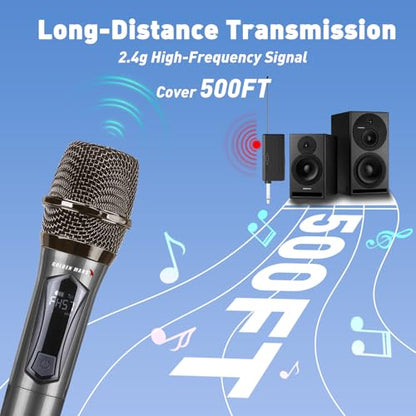 Wireless Handheld Microphones for Singing with 500 FT Reception | 2.4GHz, Rechargeable, Plug and Play, 2 Pack Microphones for Karaoke DJ Party Speech Classroom Wedding Church
