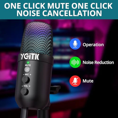 USB Gaming Microphone with RGB Lights Stand for PC, PS4, PS5 — Condenser Microphone Mute Headphones Jack, Noise Cancellation, Gain Control USB/XLR | Gaming, Podcasting, Streaming