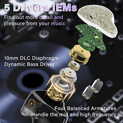 BASN Bmaster5 in Ear Monitor Headphone,1DD+4BA 5 Driver Musician IEM Earbud | 10mm DLC Diaphragm, Pentaconn Connector OFC Cable, Aluminum Case, Noise Isolation IEM for Drummer Audiophile (Starlight Gold) - color: Starlight Gold