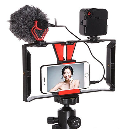 FocusFoto Smartphone Video Rig Camera Cage Mount Holder Stabilizer Handle Grip with BOYA by-MM1 Shotgun Microphone Mic + 49 LED Light Kit for Mobile Phone iPhone Filmmaking Professional Videomaker