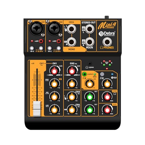D Debra Audio Portable 4-Channel DJ Mixer, USB Bluetooth 48V Phantom Power