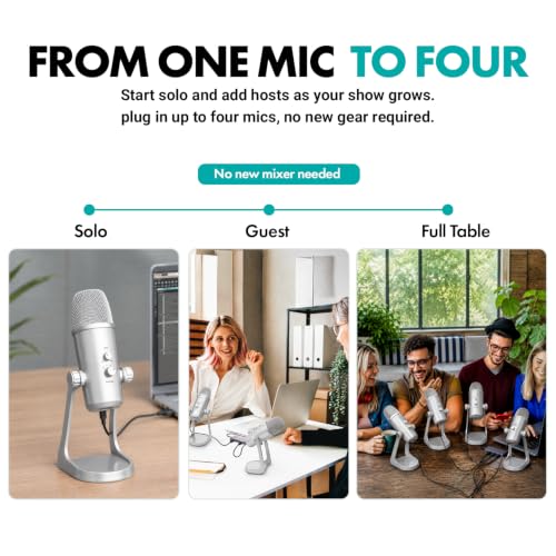 Movo 4-Person USB Podcast Equipment Bundle – 4 Condenser Mics, Hub & Case - color: Silver