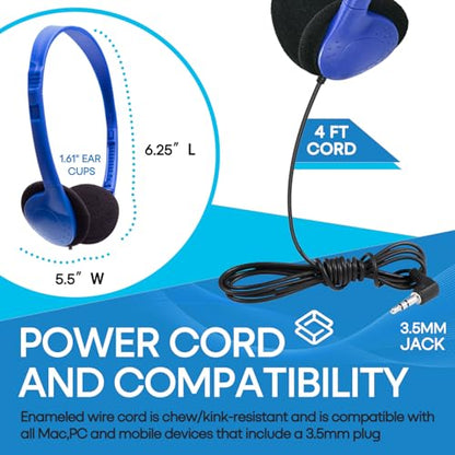 Classroom Headphones Bulk 25 Pack Class Set for School Students Kids and Adult -Sturdy Wired 3.5mm Plug (Blue, 25 Pack) - color: Blue, size: 25 Pack