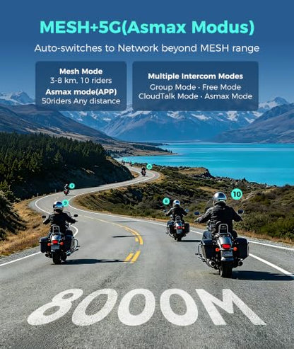 ASMAX F1s Motorcycle Bluetooth Headset with Smart Voice Control, 1 Pack | 10-Rider Mesh Helmet Intercom, ENC Noise Cancellation, APP OTA, IP67 Waterproof, 5mi Long-Range Communication, Snowmobile/Ski - color: F1s Black-1 Pack