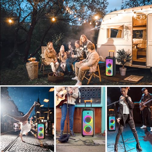 Karaoke Machine with 2 Wireless Microphones, Big Bluetooth Party Speaker with 500W Peak Power for Adults, PA System with Rolling Wheels and Trolley, Perfect for Outdoor, Home Party, Gatherings - color: BLACK