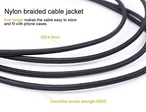 SKW Audiophile 3.5mm Right-Angle Stereo Aux Cable 1/8" TRS 3.2ft/1m | Dual-shielded, gold-plated contacts, nylon-braided jacket, sturdy and durable, Hi-Fi stereo fidelity, 90 degrees - color: Black-straight to bend, size: 3.2ft (1m)