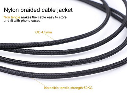 SKW Audiophile 3.5mm Right-Angle Stereo Aux Cable 1/8" TRS 6.5ft/2m | Dual-shielded, gold-plated contacts, nylon-braided jacket, sturdy and durable, Hi-Fi stereo fidelity, 90 degrees - color: Black-straight to bend, size: 6.5ft (2m)