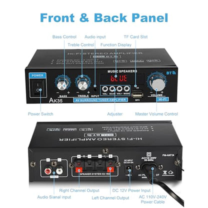 Stereo Amplifier AK35 Bluetooth 5.0 Receiver Home Audio 100Wx2 Dual Channel Speaker Amplifier with FM Radio, USB, SD Card Input for Home Theater Audio Stereo System with Remote Control