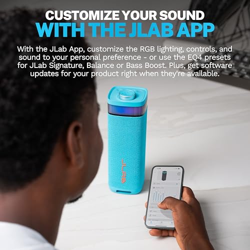 JLab, JBuds Party, Portable Bluetooth Speaker, Waterproof Outdoor Speaker, RGB Lighting, Multi-Speaker Connect, Cyan - color: Cyan
