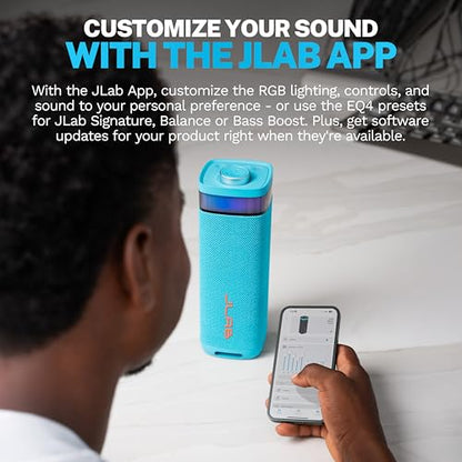 JLab, JBuds Party, Portable Bluetooth Speaker, Waterproof Outdoor Speaker, RGB Lighting, Multi-Speaker Connect, Cyan - color: Cyan