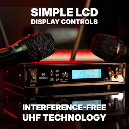 Rockville RWM-200 H2 Dual Handheld UHF Microphone System, 200 Channels, On-Mic 3-Band EQ & Echo, up to 500ft Range, XLR Outputs, Cardioid Mics, Full Metal Build, Ideal for Events, DJ, Karaoke | 200 Channels, XLR/1/4" Outputs, 500' Range, Metal Receiver, B