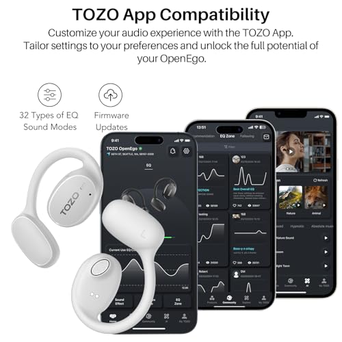 TOZO OpenEgo Open Ear Earbuds 80H Bluetooth 5.3 Headphones Sport Earbuds | Open Ear Structure with Earhooks, 32 EQ Modes, Digital LED Display,HD Clear Calls, Comfort Wear For Running, Travel, Office - color: Snow White