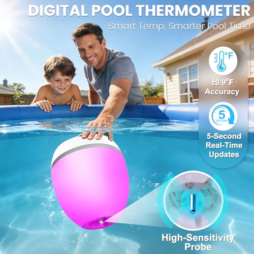AearKing 3in1 Floating Pool Speaker with Digital Pool Thermometer & Lights | RGB Lights, TWS, IP68 Waterproof, Bluetooth 5.0, 360° Surround Sound, LCD Temperature Display, ABS,USB Charging
