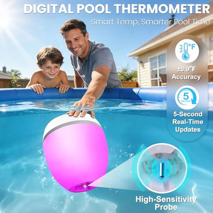 AearKing 3in1 Floating Pool Speaker with Digital Pool Thermometer & Lights | RGB Lights, TWS, IP68 Waterproof, Bluetooth 5.0, 360° Surround Sound, LCD Temperature Display, ABS,USB Charging
