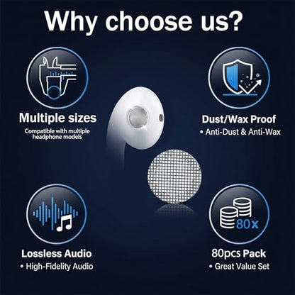 80 Pcs Earbud Dust Filters Compatible Mesh Net Replacement Sweat Resistant Protective Filt Stainless Dust Earphones Proof Accessories for in Ear Headphones