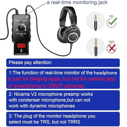 V2 XLR Female to 3.5mm TRS TRRS Adapter Cable for Shotgun or Condenser Rode Sennheiser Microphone, Mic Preamp with 48V Phantom Power Supply for iPhone iPad DSLR Camera (Not for Canon T5, 6 7)