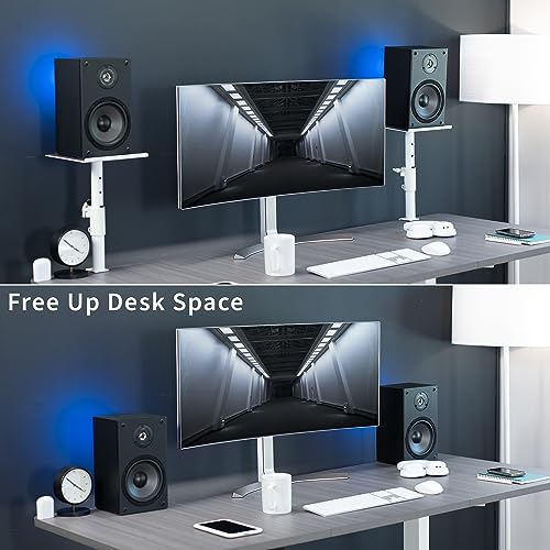 VIVO Clamp-on Speaker Stand Desk Mount Set, 10 x 9 inch Trays, Height Adjustment and Tilt, Universal Audio Holders for Computer and Bookshelf Speakers, Elevated Sound, 2 Pack, White, MOUNT-SP01CW - color: White