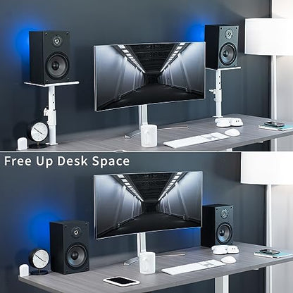 VIVO Clamp-on Speaker Stand Desk Mount Set, 10 x 9 inch Trays, Height Adjustment and Tilt, Universal Audio Holders for Computer and Bookshelf Speakers, Elevated Sound, 2 Pack, White, MOUNT-SP01CW - color: White