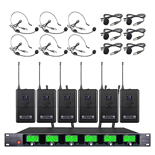 Wireless Microphone System UHF 6 lavalier Microphone Bodypacks Lapel Mic Headsets for Karaoke Wedding Party Meeting School Church Speaking Conference Meeting Classroom 6 Channel