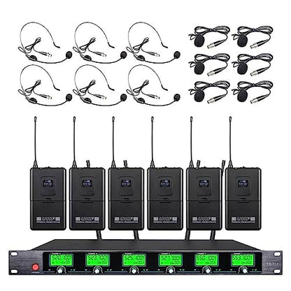 Wireless Microphone System UHF 6 lavalier Microphone Bodypacks Lapel Mic Headsets for Karaoke Wedding Party Meeting School Church Speaking Conference Meeting Classroom 6 Channel