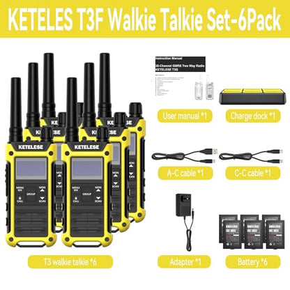T3F Walkie Talkies 6 Pack for Adults, IP67 Waterproof 2 Way Radios Rechargable, with Earpiece and Mic, Shock Resistant, Dual PTT, One Key Group Call, VOX, NOAA&Wheather Alert, Black/Yellow