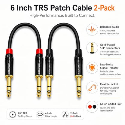 Professional Balanced TRS Patch Cable 1/4 Inch 6 Inch 2-Pack, 20AWG OFC Copper 24K Gold Plated Hand-Soldered, Studio Monitor Audio Interface Pedalboard Guitar Mixer
