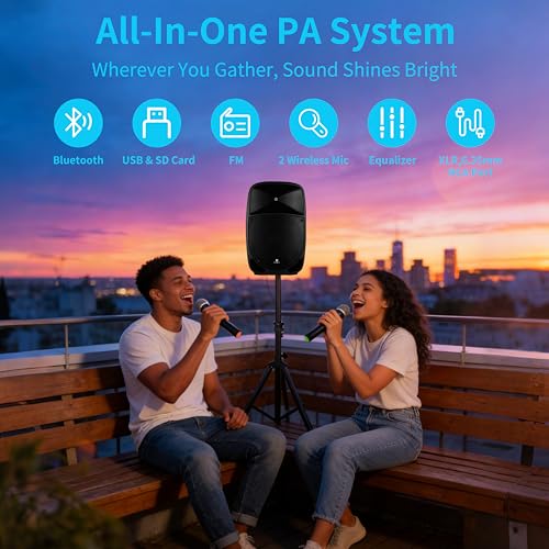 PRORECK Portable 12 Inch 1200W Powered PA/DJ Speaker System with Rechargeable Battery, 2 Wireless Mics, Bluetooth, USB, SD, FM Radio, Remote, Speaker Stand for Parties, Karaoke, speeches, Outdoor - size: 12 inch