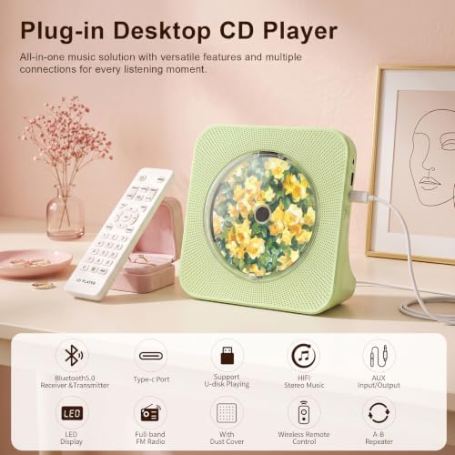 Gueray Portable CD Player with Bluetooth, CD Player with Speaker for Home | Plug-in desktop use,2-way Bluetooth mode, 3W speakers, FM radio, sleep timer, A-B repeat,USB/AUX - color: Green