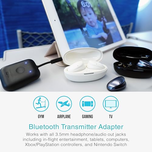 MEE audio Connect Air (2 PACK) in-Flight Bluetooth Wireless Audio Transmitter Adapter for up to 2 AirPods/Other Headphones; Works with All 3.5mm Aux Jacks on Airplanes, Gym, TVs, & Gaming, Black&White - color: 2PK Black+White, style: Connect Air