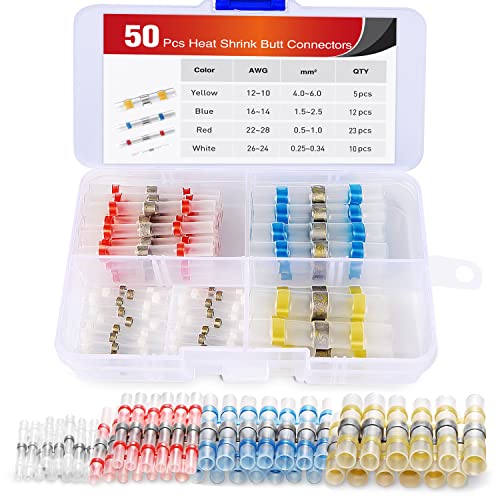 Nilight - 50025R 50pcs Solder Seal Wire Connector, Solder Seal Heat Shrink Butt Connectors,Electrical Waterproof Insulated Marine Automotive Copper(23Red 12Blue 10White 5Yellow),2 Years Warranty - color: Yellow, Blue, Red, White.