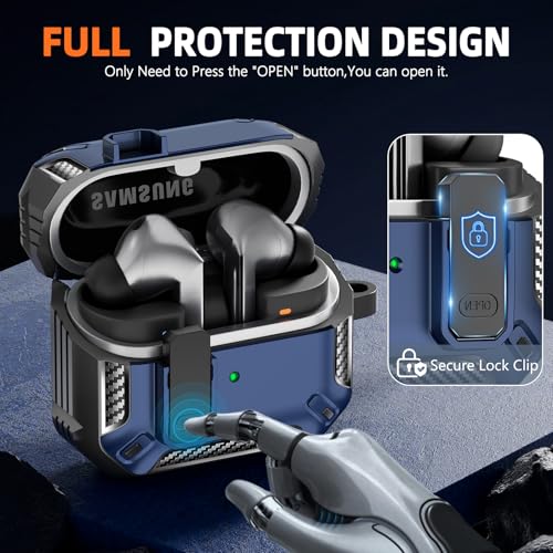 Safety Lock Case for Samsung Galaxy Buds3 FE/3/3 Pro (Blue) | with Secure Lock Clip & Cleaning kit Full Body Shockproof Carbon Fiber Protection Design - color: F-blue