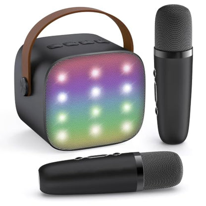 YLL Mini Karaoke Machine for Kids Adults, Birthday Gifts for Boys 3, 4, 5, 6, 7, 8, 9+ Years Old, Portable Bluetooth Speaker with 2 Rechargeable Wireless Microphones Family Home Party (Black) - color: Black