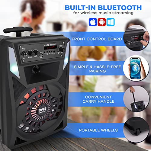 Pyle Portable Bluetooth PA Speaker - 300 W 8” Rechargeable Outdoor BT Karaoke Audio System - Multi-Color Party Lights, LED Display, FM/AUX/MP3/USB/SD, 6.5mm in - Wired Microphone, Remote Control - style: 300 watts