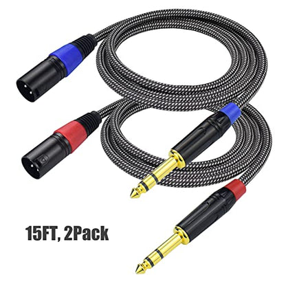 Balanced 1/4" TRS to XLR Male Patch Cable, 15Feet Quarter Inch 6.35mm to 3pin XLR Male Microphone Cable, Heavy Duty Nylon Braided, Gold Plated Plug, for Mixer, Speaker, Studio Monitor -2Pack - size: 15Feet, 2Pack