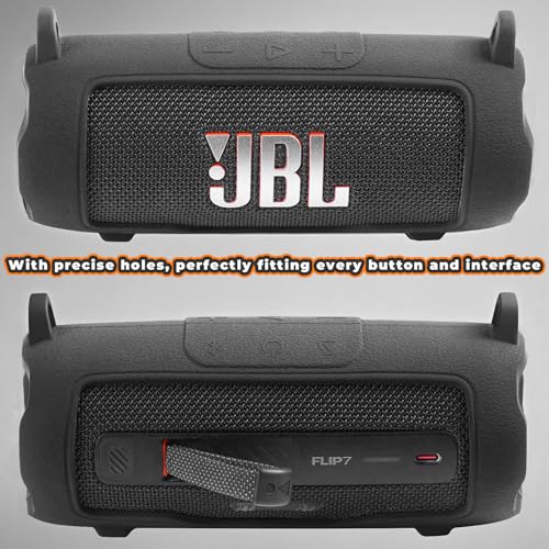 Silicone Cover Compatible with JBL Flip 7 Waterproof Portable Speaker with Shoulder Strap (Black) - color: Black