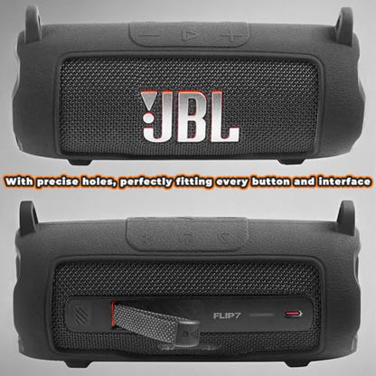 Silicone Cover Compatible with JBL Flip 7 Waterproof Portable Speaker with Shoulder Strap (Black) - color: Black
