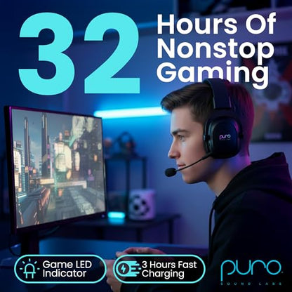 PuroGamer Kids Gaming Headset with Mic, Wireless 85dB Volume Limiting | 2.4GHz low-latency wireless gaming headphones with detachable mic, 32-hour battery, USB-C wired mode and 85dB limit