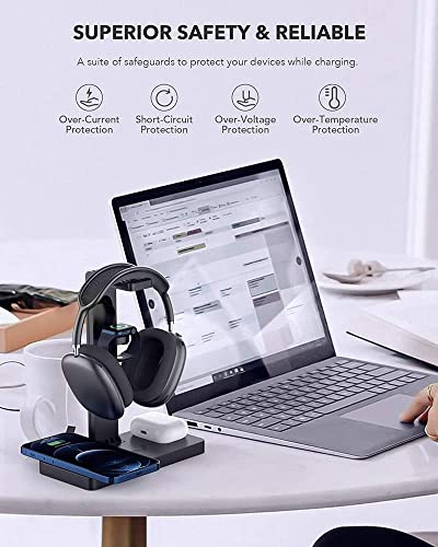 Headphone Stand Headset Holder with Wireless Charger, 4 in 1 Fast Wireless Charging Station for Apple Watch,Air Pods Pro/2, iPhone13/12/11/X, Earphone Hanger with 2 USB-C Ports for Desktop Gamer Room