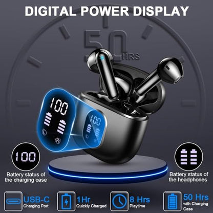 Wireless Earbuds, Bluetooth 5.3 Headphones in Ear 50H Playback Hi-Fi Stereo Ear Buds 4 ENC Mics, Bluetooth Earbud LED Display Charging Case 2024 Wireless Earphones IP7 Waterproof Sport for Android iOS - color: Deep Black