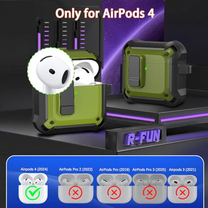 for AirPods 4 Case with Lock Magnetic Lid MagSafe, Military Grn | Compatible with Apple AirPods 4th Generation Protective Case with Cleaner Kit & Carabiner, Powerful Drop Protection - color: DHF-Military Green, size: Airpods 4th Generation
