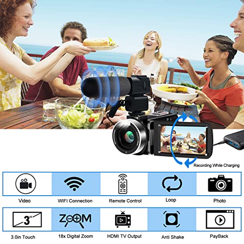 4K Video Camera, Camcorder 48MP Ultra HD WiFi Vlogging Camera for YouTube 18X Zoom 3.0" Touch Screen Digital Camera with Microphone, Stabilizer, Lens Hood, Remote, 2 Batteries