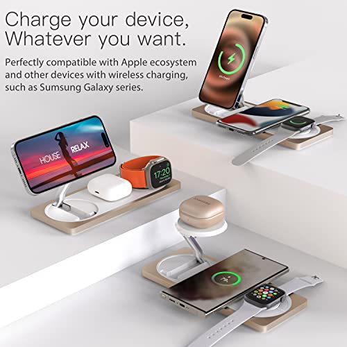 3 in 1 Wireless Charging Station for Apple Devices with MagSafe | For iPhone 17/Air/16/15/14/13/12, AirPods & Apple Watch, Foldable Portable Aluminum Charging Stand, Adapter Included - color: Golden