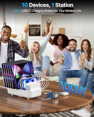 SooPii 100W 10-Port USB Charging Station, 10 USB-C PD Fast Charging Compatible with Phone,lPad,Galaxy, and Other Electronics, 10 Mixed Charging Cables Included (White) - color: White